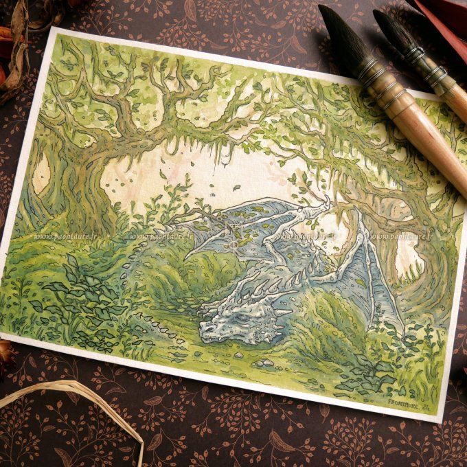 DRAGON ENDORMI - Œuvre originale - Encre et aquarelle
