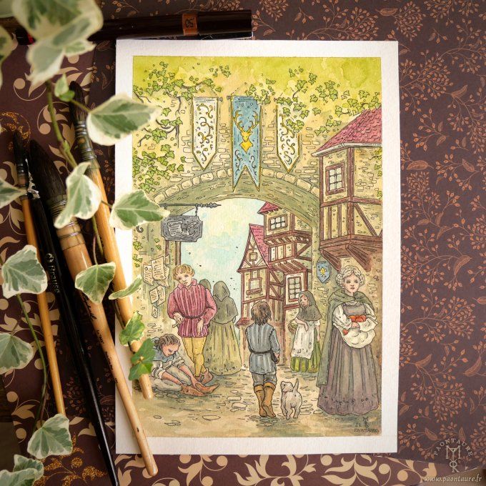 A BOURG DE CASTELCERF - Oeuvre originale - Crayon graphite, encre et aquarelle