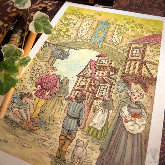 A BOURG DE CASTELCERF - Oeuvre originale - Crayon graphite, encre et aquarelle