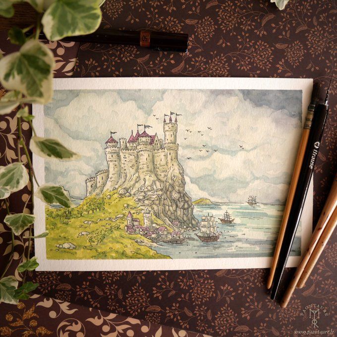 CASTELCERF - Oeuvre originale - Crayon graphite, encre et aquarelle