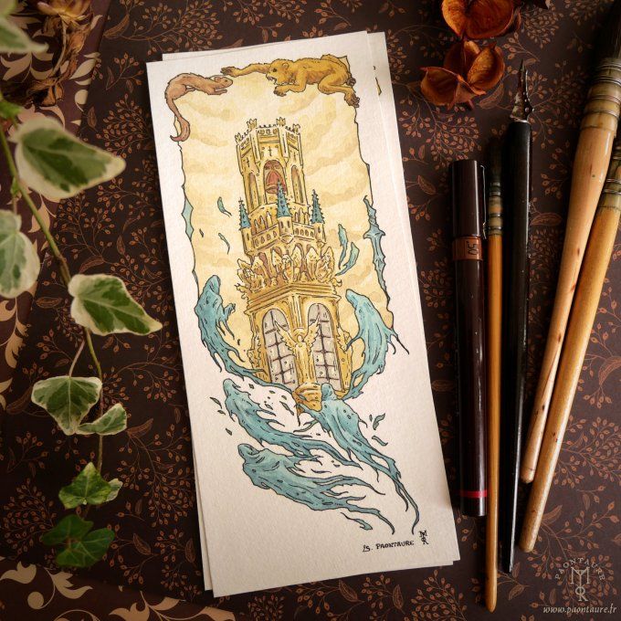 LA TOUR DES ANGES - Oeuvre originale - Crayon graphite, encre et aquarelle