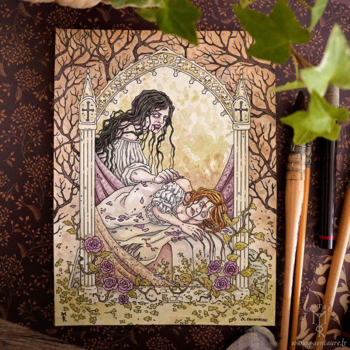 Carmilla et Laura - Oeuvre originale - Crayon graphite, encre et aquarelle