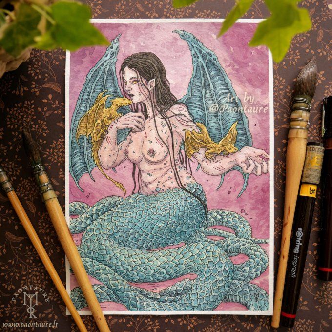 Mélusine - Oeuvre originale - Crayon graphite, encre et aquarelle