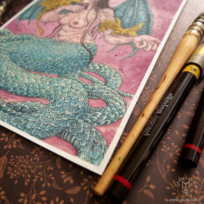 Mélusine - Oeuvre originale - Crayon graphite, encre et aquarelle