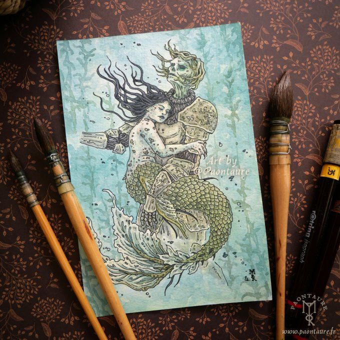 La sirène - Oeuvre originale - Crayon graphite, encre et aquarelle