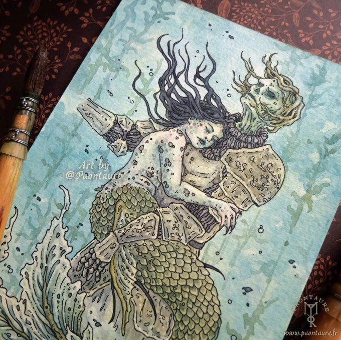 La sirène - Oeuvre originale - Crayon graphite, encre et aquarelle