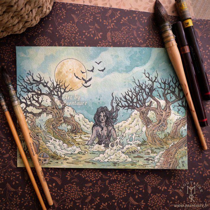 La sorcière des marais - Œuvre originale - Crayon graphite, encre et aquarelle