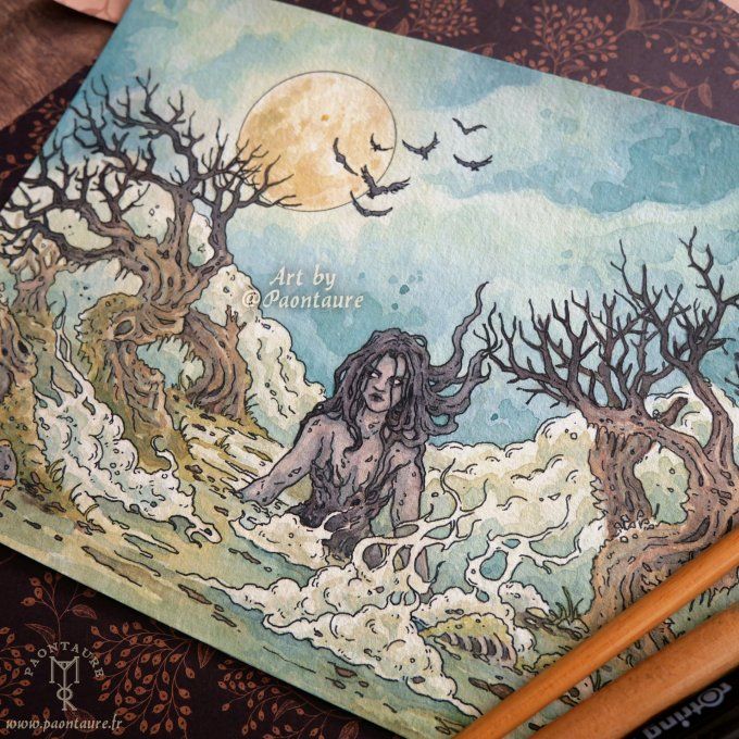 La sorcière des marais - Œuvre originale - Crayon graphite, encre et aquarelle